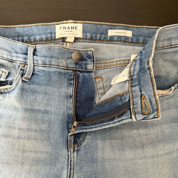 Frame L’Homme Slim Jeans Mens Sz 34 Blue Bay Distressed Straight Denim Stretch - Picture 7 of 13